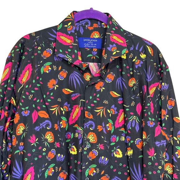 GrosVenor London Men's Funky Casual Colorful Black Floral Print Slim Fit sz XL - Picture 3 of 10
